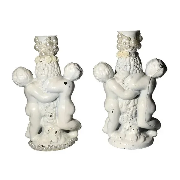 Twin Cherub Angels Cast Metal Candle Table Lamp Holders Distressed Parts Pieces Sculpture